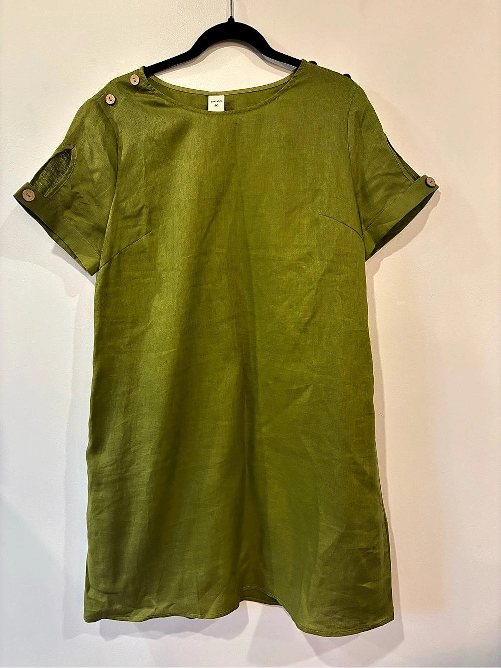 LINTICO 100% Linen Buttoned Cutout Sleeve Mini Dress LIA Green Medium